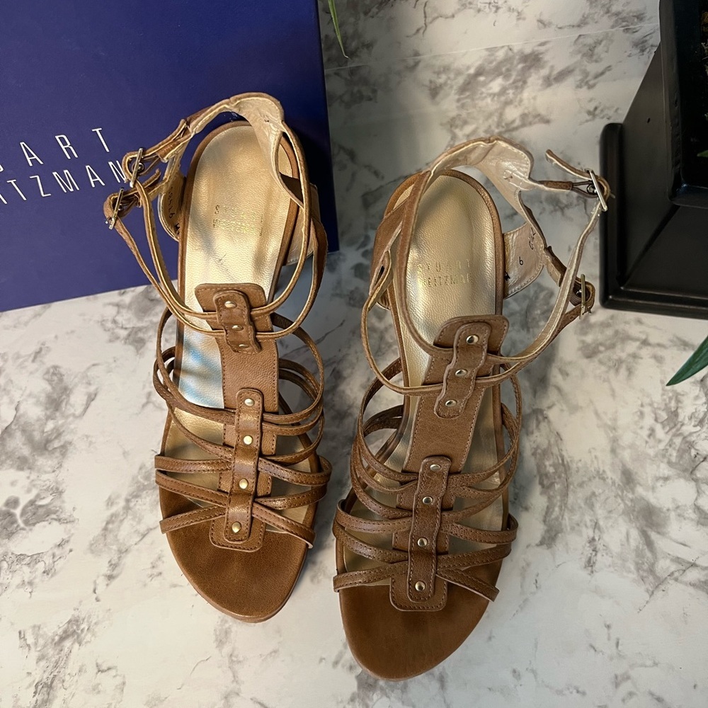 Stuart Weitzman Strappy platform leather sandals with wood heels. Size 9, good - Picture 3 of 5